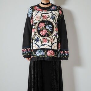 Y2K Embroidered Grandmacore Dark Floral Sweater Whimsygoth Cottagecore Crew Sz L